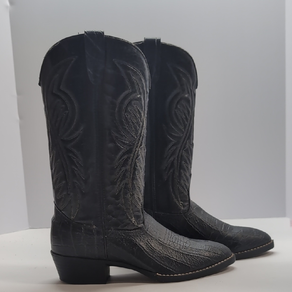 Bronco Black Cowboy Boots Size 9D USA Made Style 1942 Leather Western Stitching